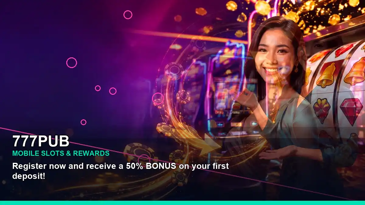 Neon-themed casino imagery featuring an adult Filipina host, presented for visual reference only and not as information of any 777PUB game, service, or promotion.